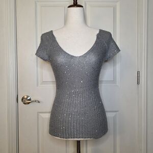 Dots Grey Sparkly Sequin Wool Blend Knit Short Sleeve Top